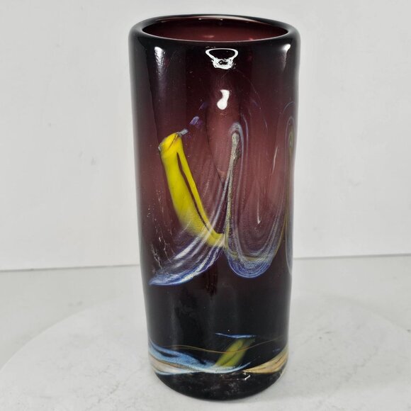 Hand Blown Art Glass Vase With Abstract Design & Swirl Signed Laughing Dragon - Picture 8 of 12